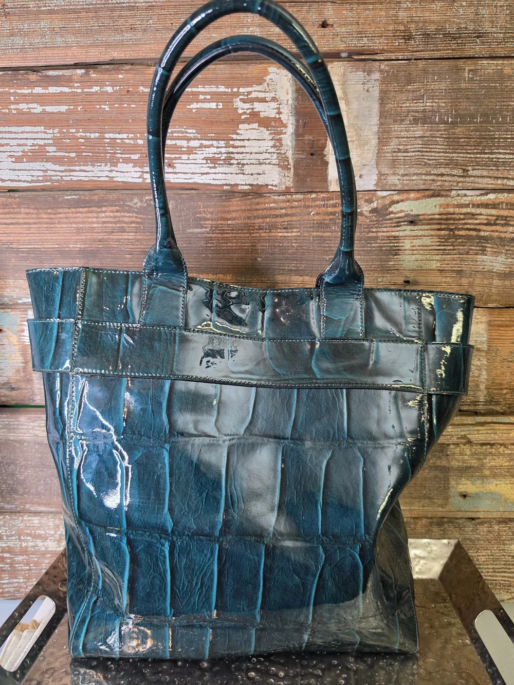 Kate Spade Knightsbridge Elena Teal Patent Croc Bow Tote